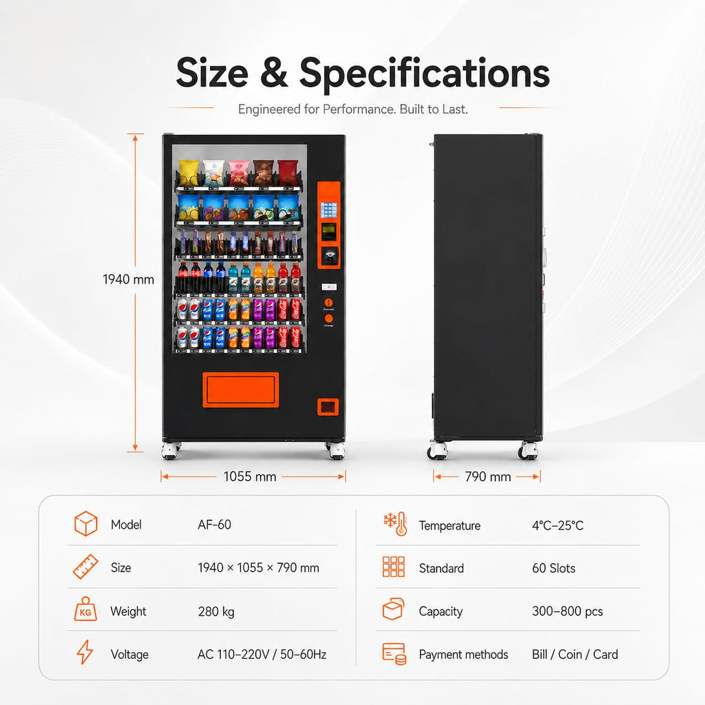 60 Slot Vending Machines for Business, Refrigerated Snack Drink Vending Machine, Commercial Smart Combo Vending Machine with Bill and Coin, Card Reader