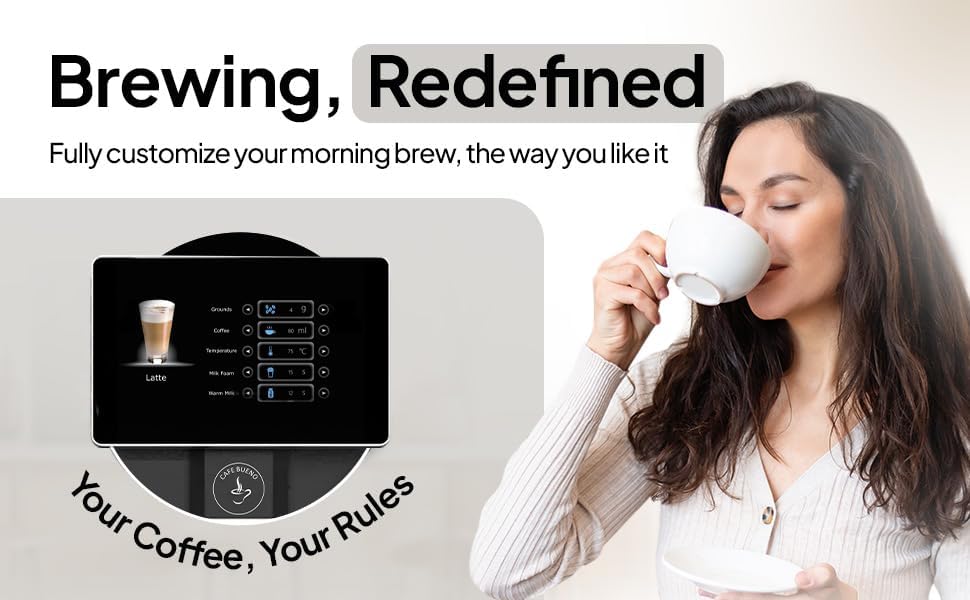 Cafe Bueno Super Automatic Espresso Machine For Home - Coffee Machine With Grinder & Milk Frother For Latte, Cappuccino, Macchiato - Auto Wake & Sleep – All Milk Types