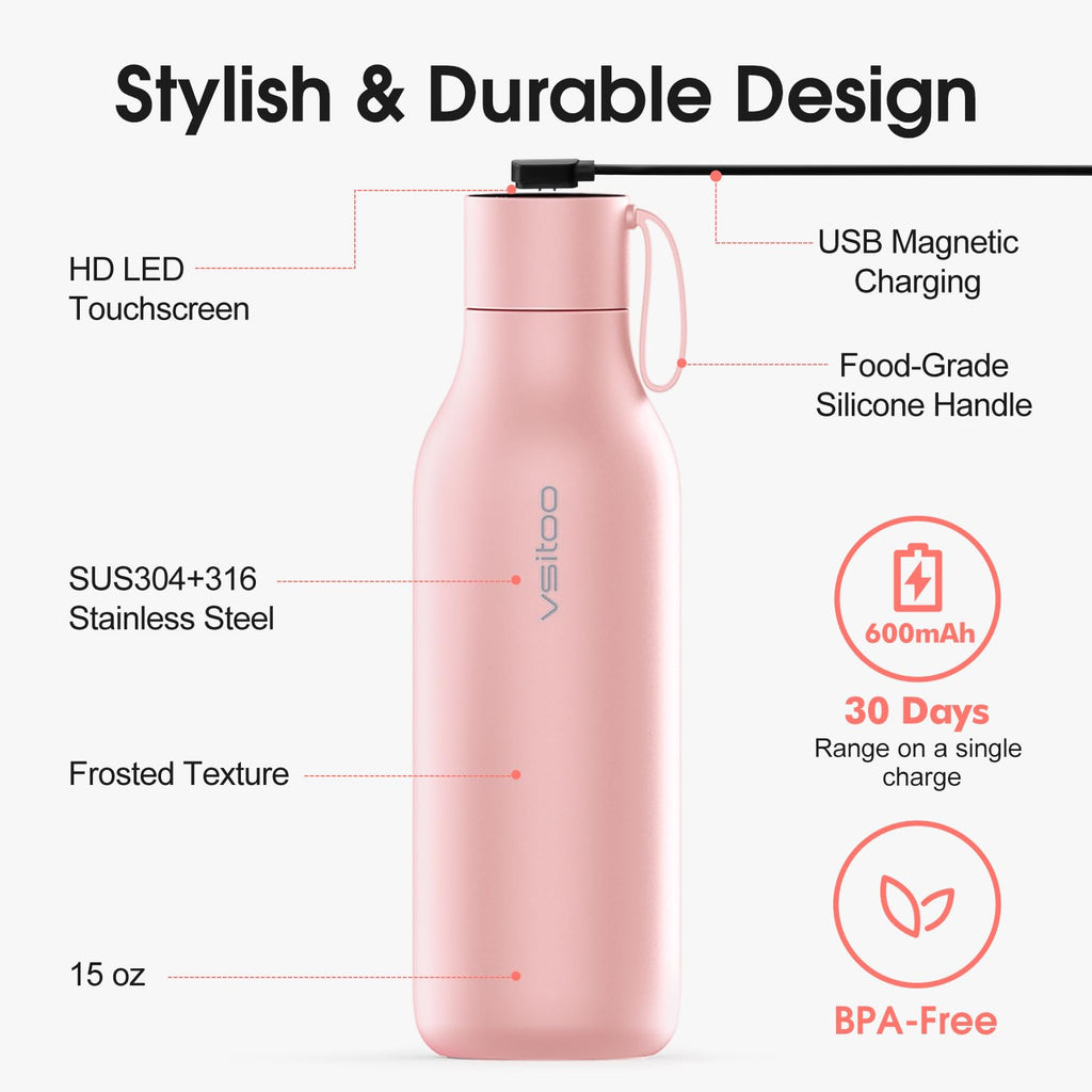 VSITOO 33oz Smart Self-Cleaning Water Bottle，Large Insulated Stainless Steel Bottle with AI Self-Clean, 30-Day Battery & Magnetic Charging for Outdoor Travel, Gym or Office, Pink