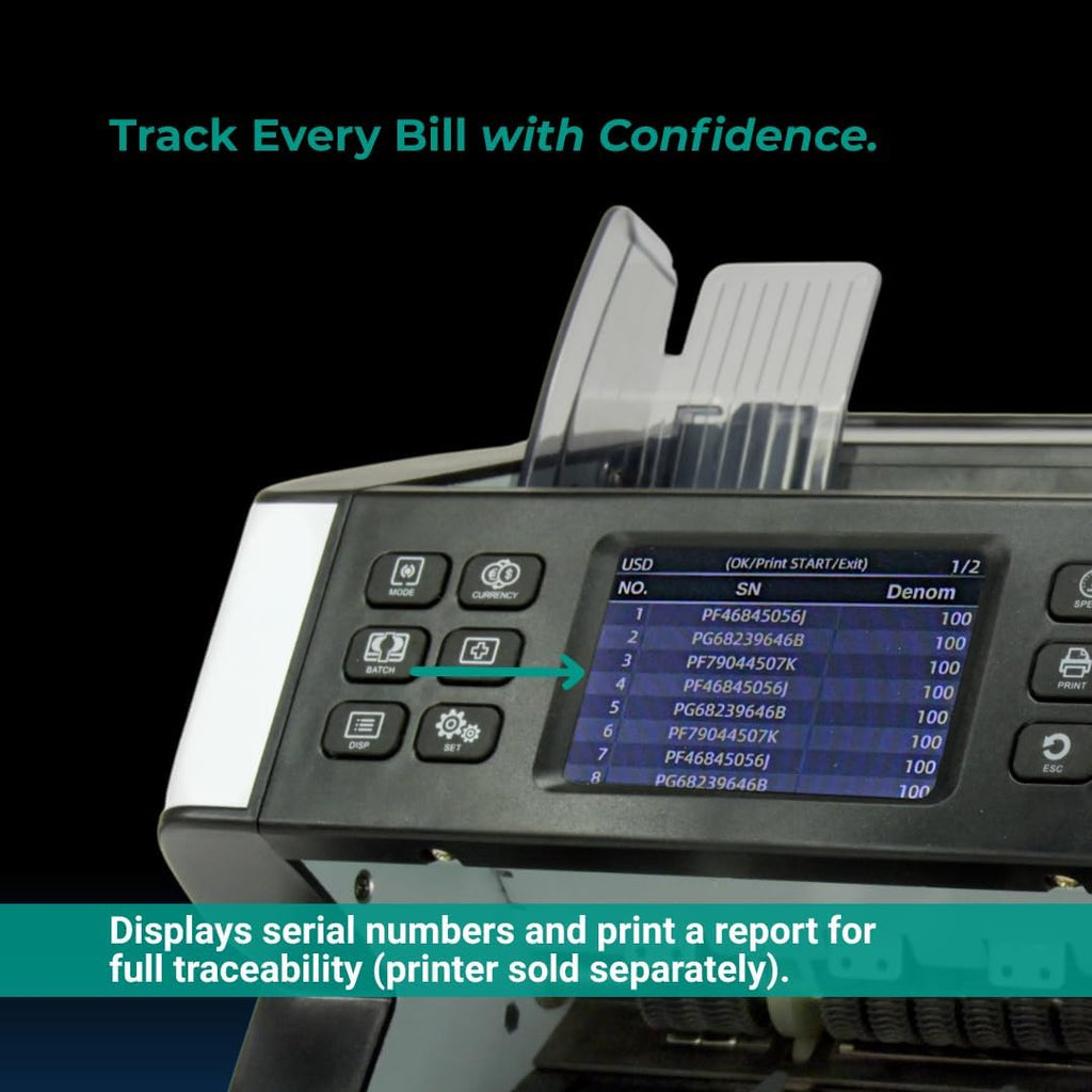 Pro 6500 Money Counter Machine Mixed Denominations, Professional Value Counting, Counterfeit Detector, Serial Number Reader, Fast & Accurate Cash Counter with 2 Year Warranty