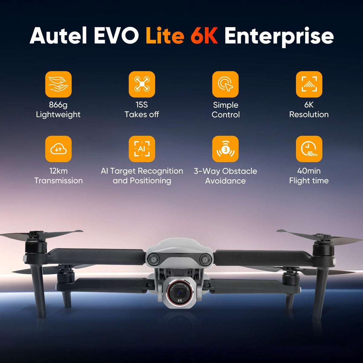 2026 Autel Robotics EVO Lite 6K Enterprise Basic Combo, 6K 1’’ CMOS | 16X Digital Zoom, 40 Minute, AI Target Recognition, 866g, 3-Way Obstacle Sensing, 39370ft (12KM) Transmission