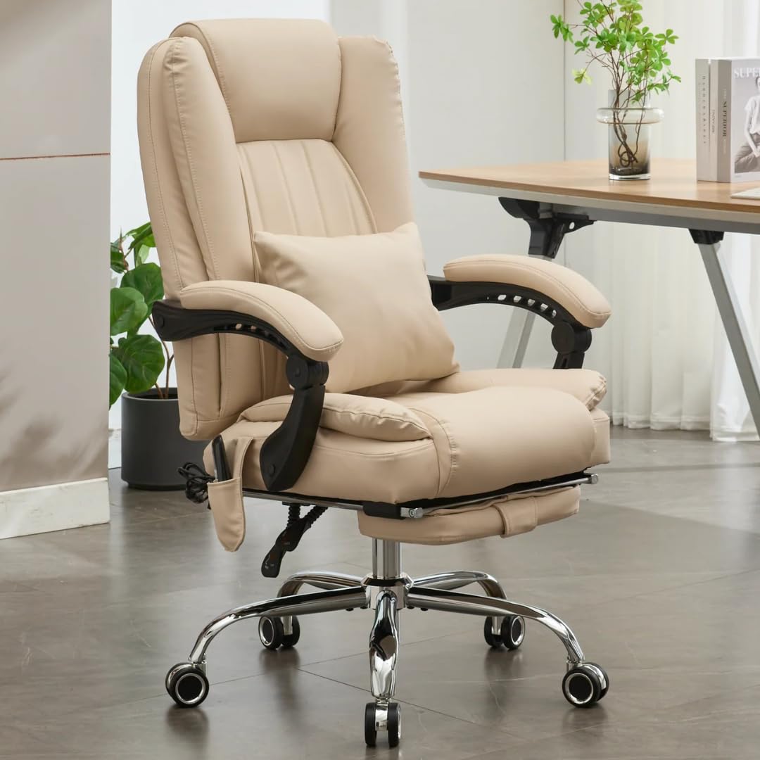 Orbis 4-Point Kneading Heated Massage Office Chair with Foot Rest | 500lbs Big & Tall Ergonomic Executive Desk Chair for Heavy People | Reclining Home Office Computer Chair | Leather Caramel