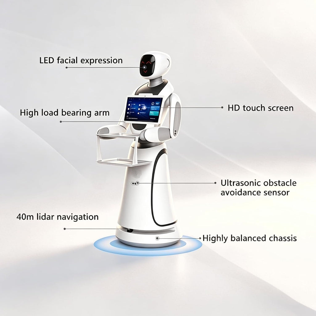 Restaurant Food Delivery Robot Service Waiter with Intelligent Navigation System, Autonomous Obstacle Avoidance, Interactive Display Screen, Dual Tray Design for Restaurant Hotel Hospitality Use