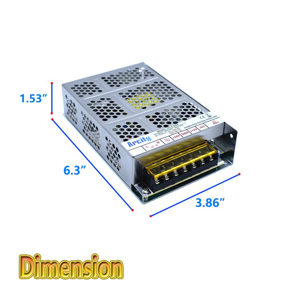 Arcity 5V 12V 24V Output Switching Power Supply Unit Adjustable for Video Multi Games Machine Console Cocktail CCTV Computer DIY Horizontal New(+5V/8A +12V/8A +24V/3A)