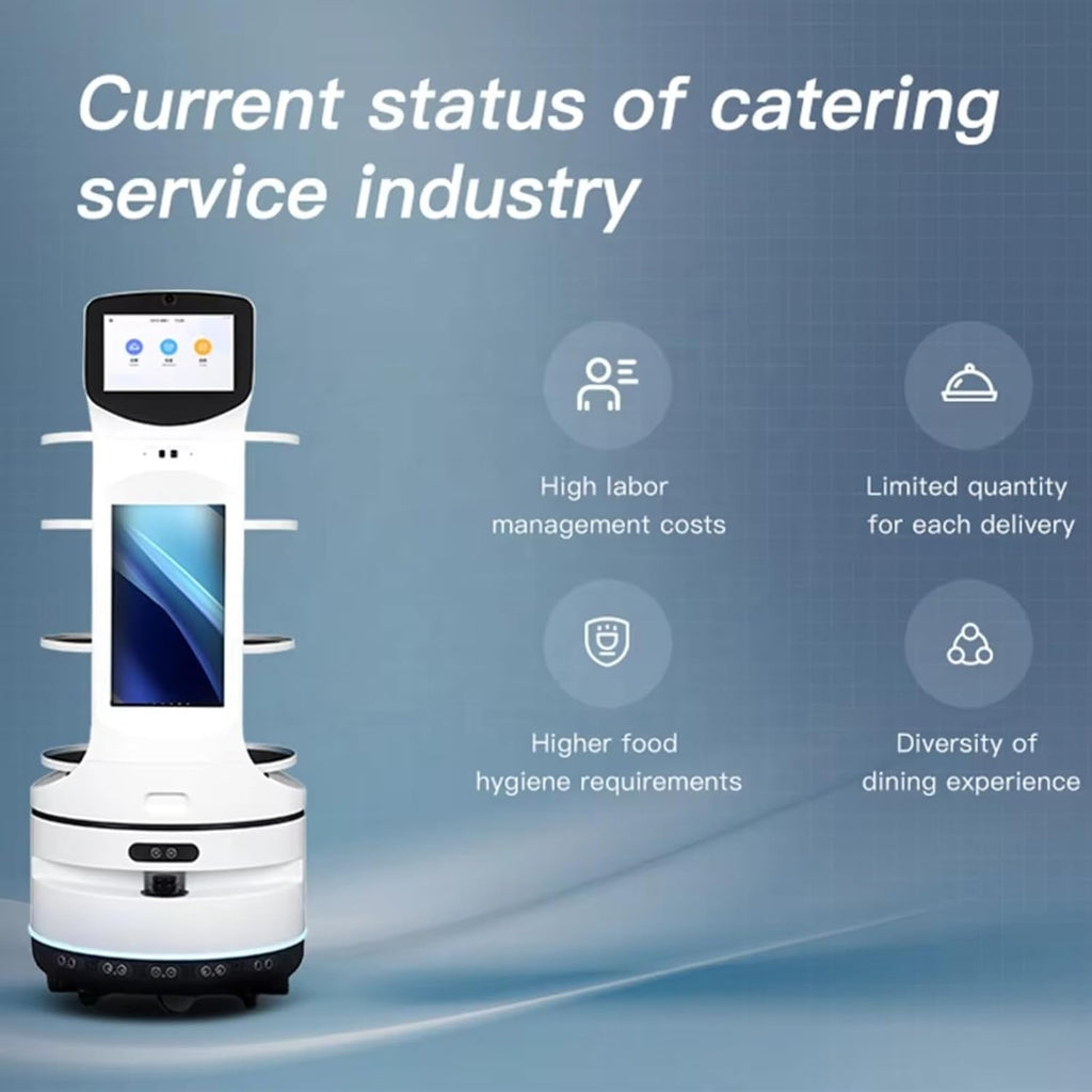 Interactive Restaurant Waiter Robot – Autonomous Food & Drink Delivery, Elevator Control, Large Tray Capacity, Self-Charging, Contactless Commercial Meal Server, Multi-Robot Coordination