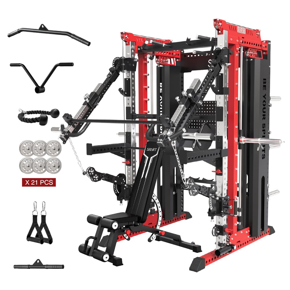 Commercial Smithe Machine with Weight Stack, All-in-One Power Cage Squat Rack Home Gym System with Leg Press Attachment & Cable Crossover, Multi-Functional Trainer with Dual Pulley System for Home Gym