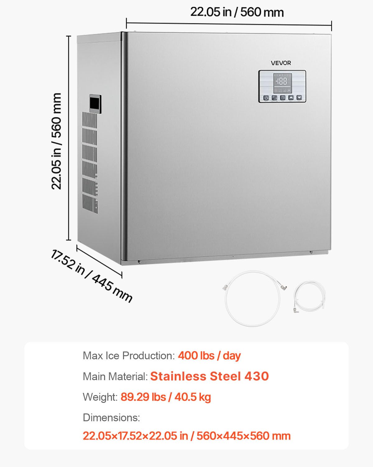 VEVOR Commercial Ice Maker Machine - Head, 300 Lbs/Day Stainless Steel Ice Machine with Scheduled Ice-Making, Self-Cleaning, Adjustable Thickness, Ideal for Restaurant Bar Cafe Hotel - Head Only