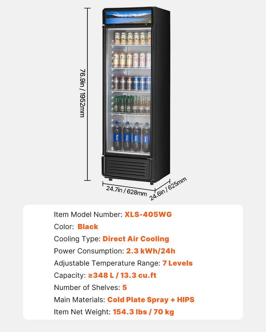 VEVOR Commercial Merchandiser Refrigerator, 6.9 Cu.Ft / 195L Glass Door Display Refrigerator, Upright Beverage Cooler Fridge with 4 Adjustable Shelves, Soft LED Light & Casters for Homes Shops Bars