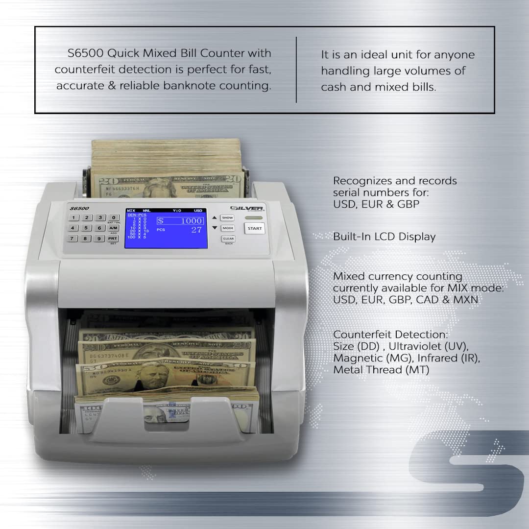 USD EUR CAD GBP MXN Money Counter Machine, Quick Mixed Denomination Bill Counter, Counterfeit Detection UV/MG/IR/DD/MT/DBL/HLF/CHN, with Printer Included, S6500