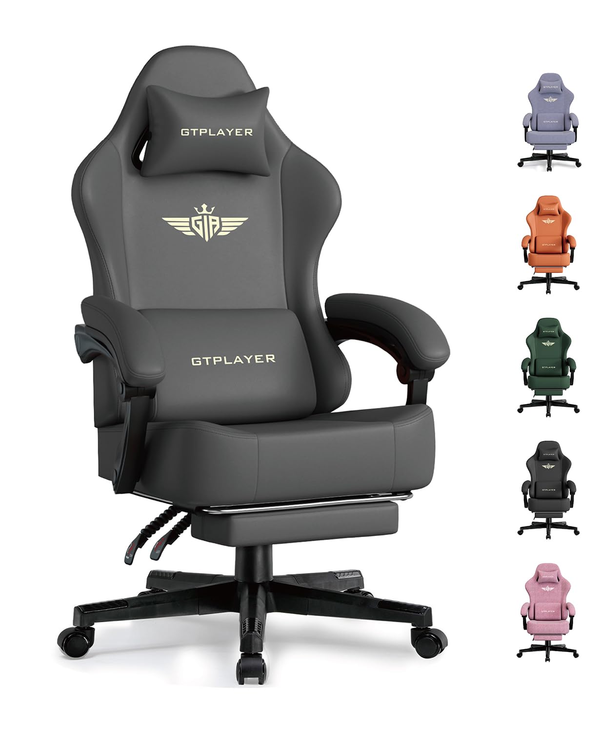 GTPLAYER Gaming Chair with Pocket Spring Cushion, Big and Tall Gamings Chairs 350LBS High Back Computer Chair with Footrest for Adults Lumbar Support Swivel Game Chair for Office,Leather Black-Massage