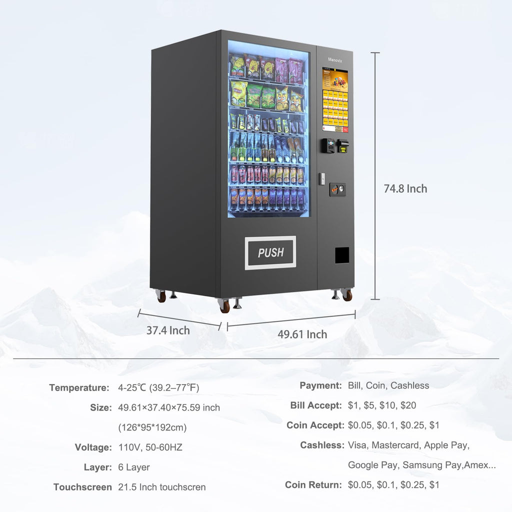Refrigerated Beverage Vending Machine for Business, Large 60 Slots Snack Drink Combo Commercial Vending Machine Durable Cashless Vending Machine with Card Reader and Bill Coin Acceptor