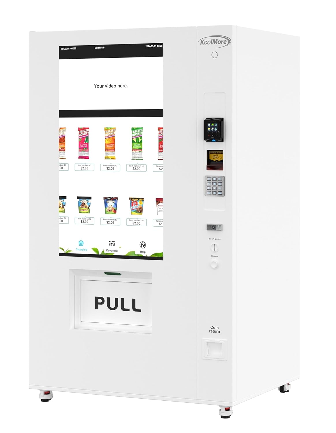 KoolMore 45 in. Commercial Freezer Ice Cream Vending Machine with 44 Slots, Ample 49 in. Touch Display, Bill Acceptor and Credit Card Reader in White
