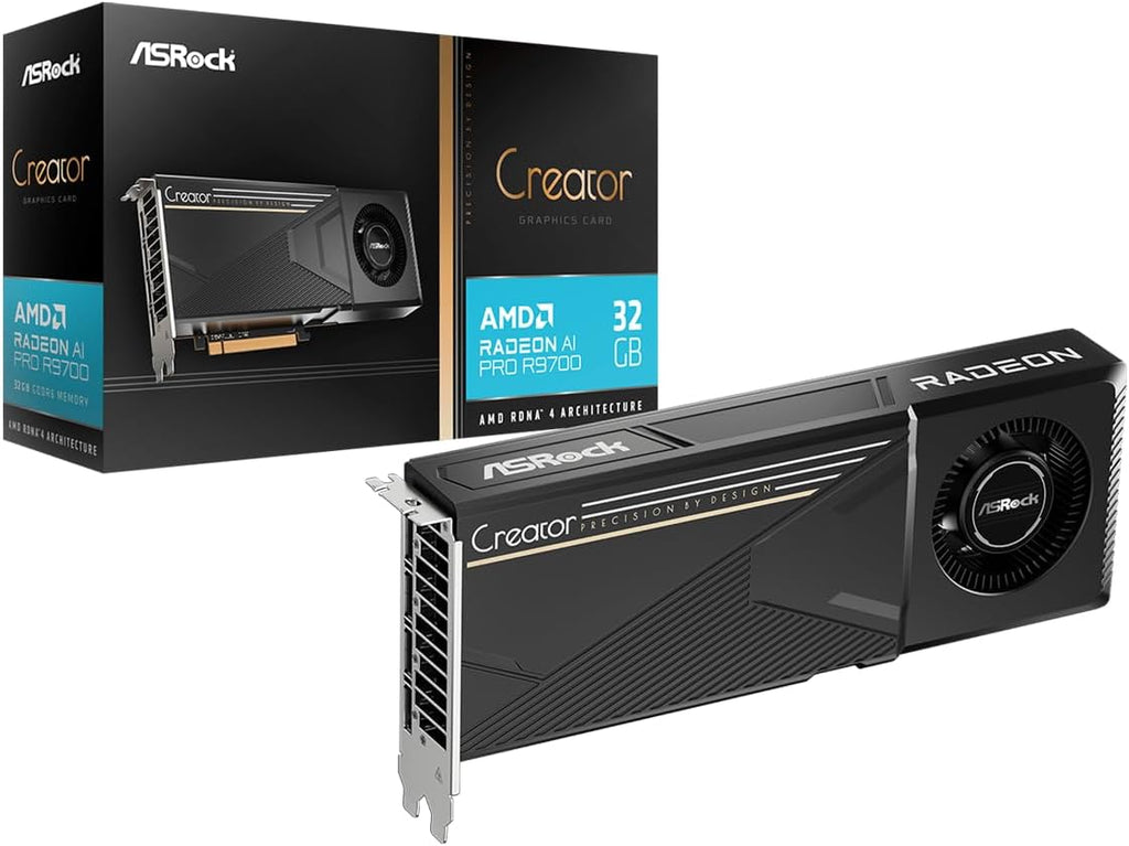 ASRock Radeon AI PRO R9700 Creator 32GB Professional Graphics Card, 2920 MHz Boost Clock, GDDR6, AMD RDNA 4, AI-Accelerators, DisplayPort 2.1a, PCIe 5.0, Blower Cooler