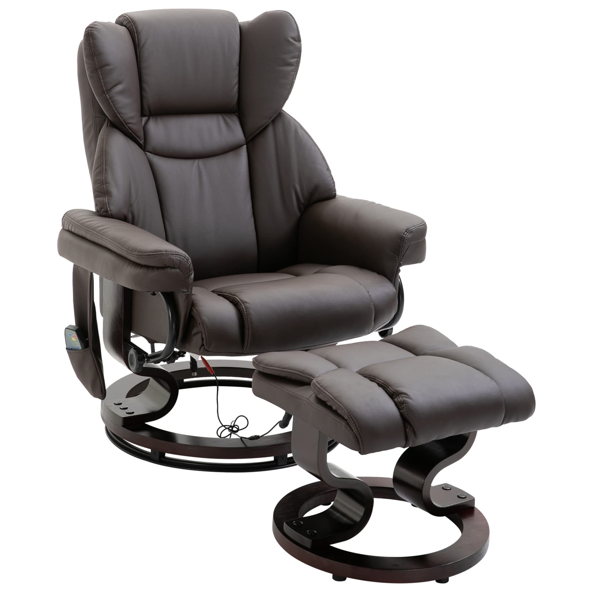 HOMCOM Massage Recliner Chair with Ottoman Footrest, 10 Vibration Points, 360° Swivel Reclining Chair, Faux Leather Living Room Chair with Side Pocket and Remote Control, Brown