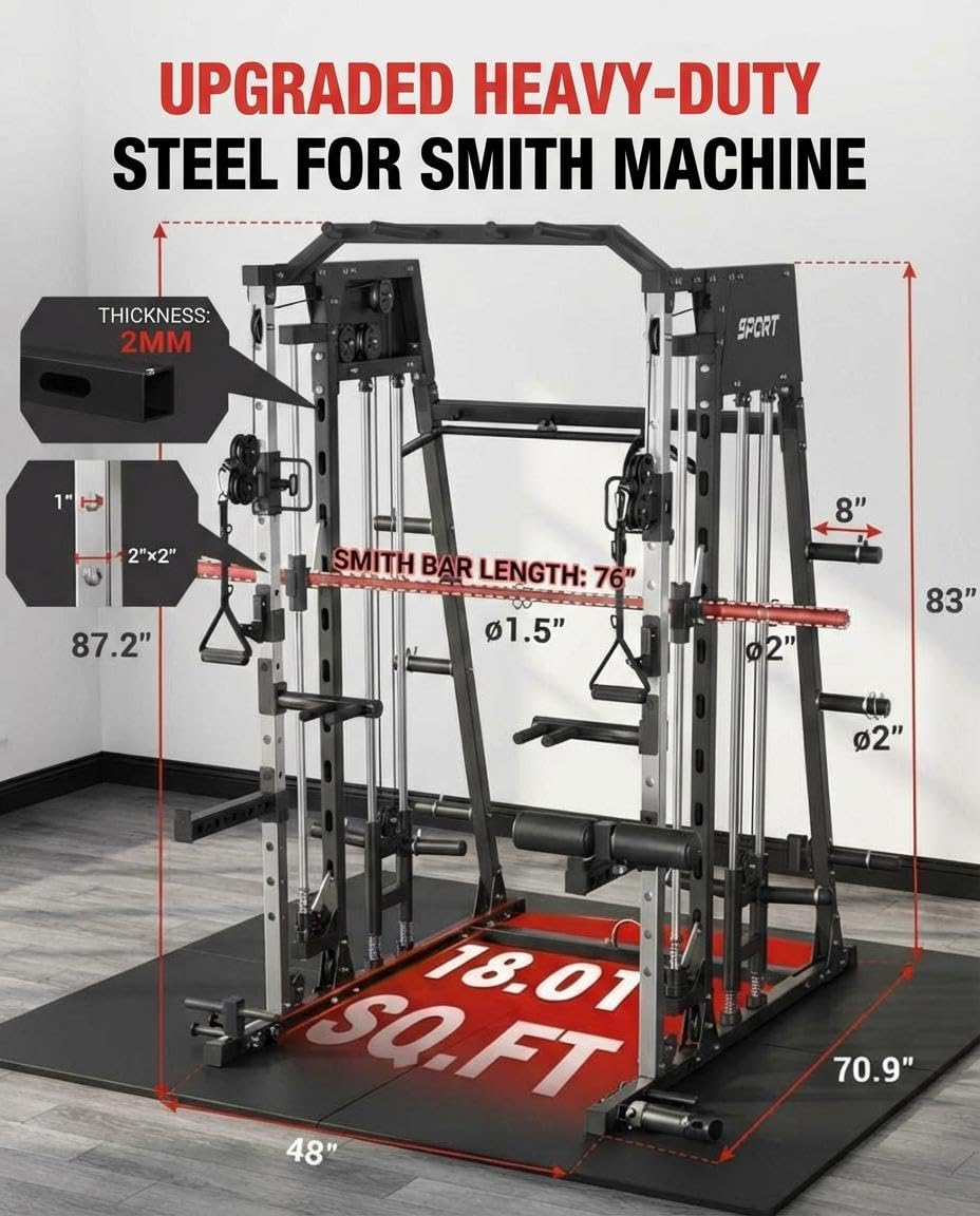 Smith Machine Home Gym, 2200LB Power Cage with Dual Pulley Cable Systems, LAT Pull-Down, Leg Hold-Down & 20+ Attachments for Full Body Workouts
