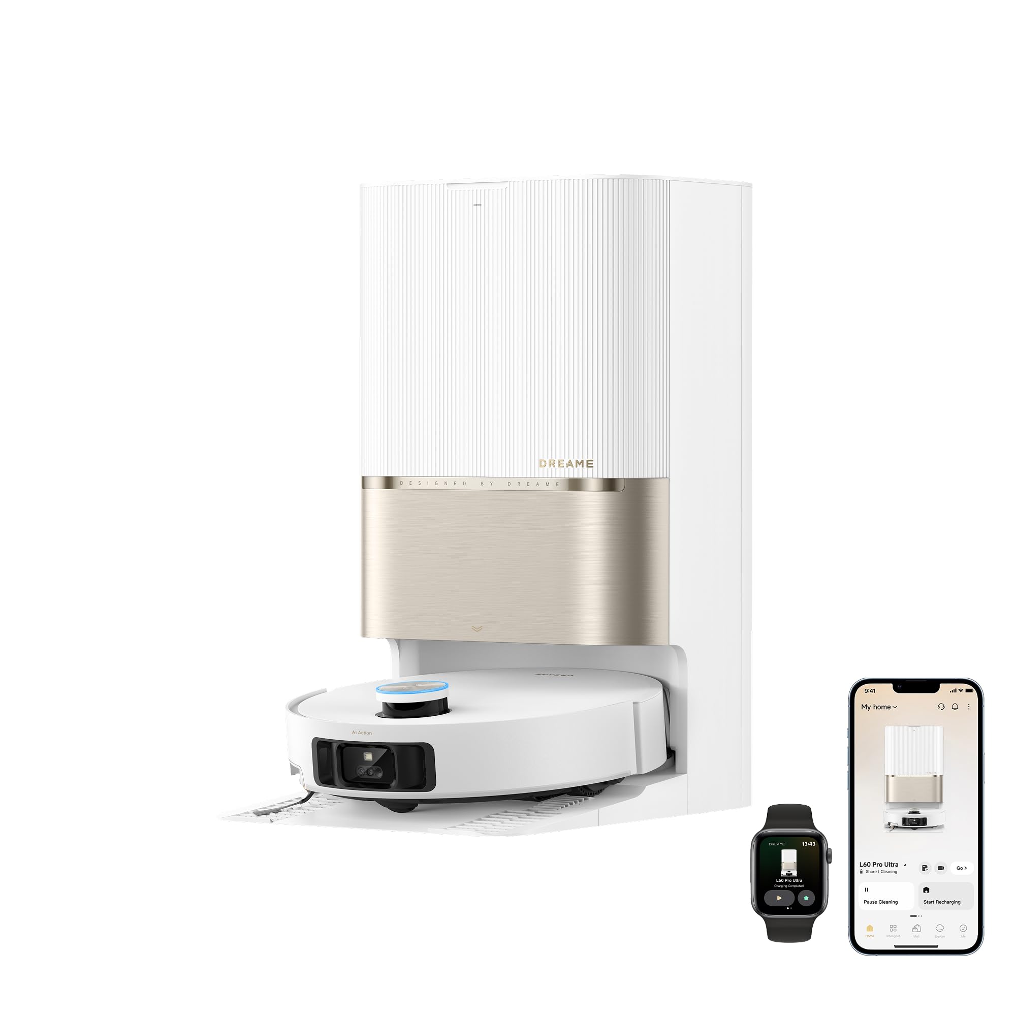 DREAME L60 Ultra Robot Vacuum and Mop, 35,000Pa Suction, Detangling Brush, AI-Enhanced 3D ToF Vision, 100℃ Mop Self-Cleaning, 280+ Object Types, Extendable Side Brush and Mop, White