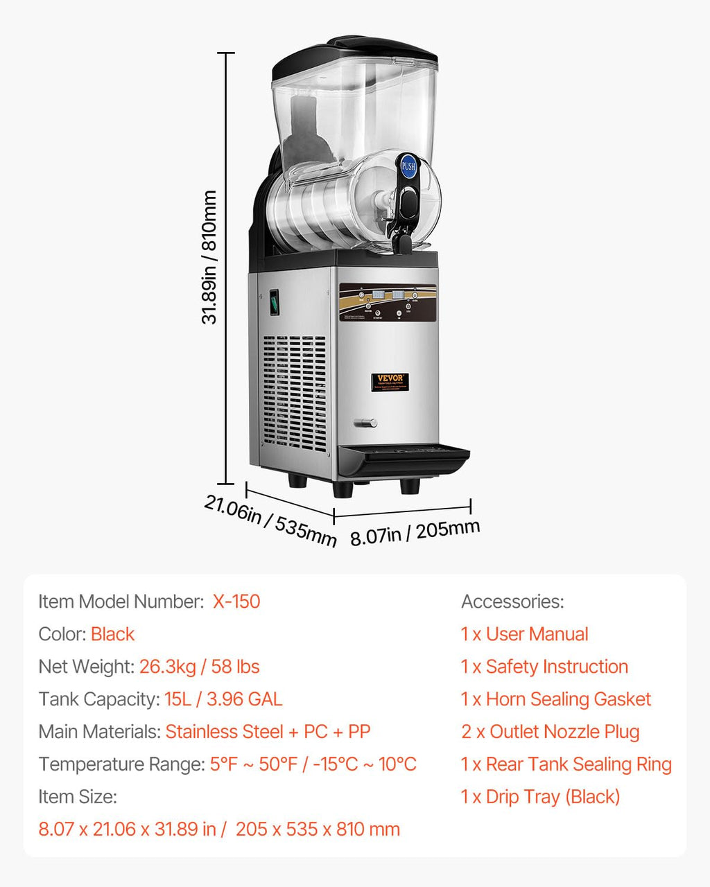 VEVOR Slushie Machine, 15L Single Tank Commercial Margarita Machine, 60 Cups Stainless Steel Margarita Smoothie Frozen Drink Machine, Slushy Machine for Home Party Restaurants Cafe Bars