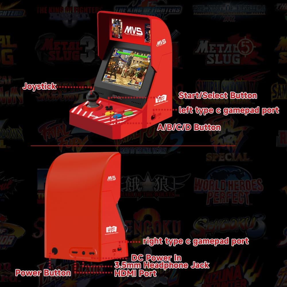 NEOGEO MVS Mini Arcade Console - 45 Preloaded Classic SNK Games (KOF, Metal Slug, Samurai Shodown), 3.5" 4:3 TFT LCD, 2-Player Support, HDMI, ABS Plastic Retro Gaming Console for Adults