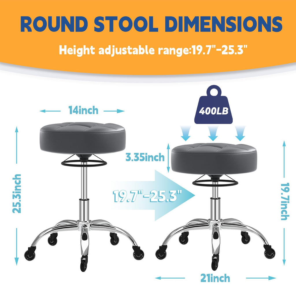 Rolling Stool Heavy Duty 400lb: Super Soft Seat Cushion,360° Swive,Height Adjustability,No Squeaky Noises,No Tip Over, New Upgraded Salon stool Chair, for Tattoo Facial Massage Spa Medical (Black)