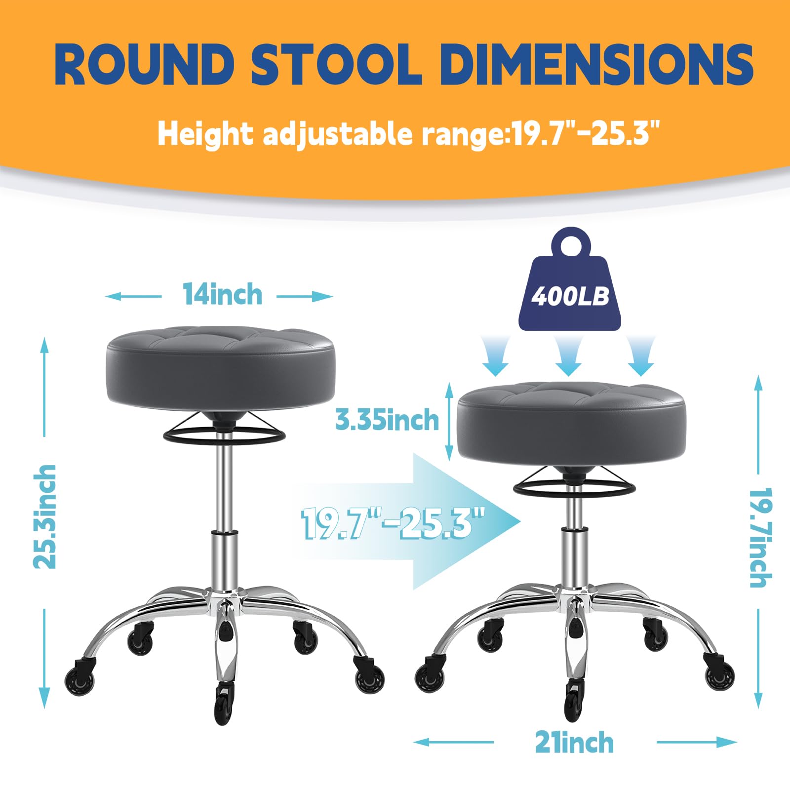 Rolling Stool Heavy Duty 400lb: Super Soft Seat Cushion,360° Swive,Height Adjustability,No Squeaky Noises,No Tip Over, New Upgraded Salon stool Chair, for Tattoo Facial Massage Spa Medical (Black)