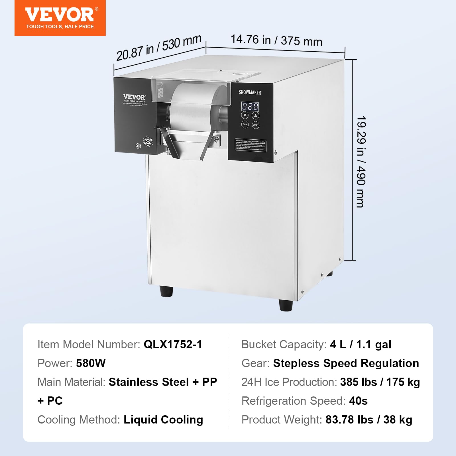 VEVOR Commercial Snowflake Ice Machine, 397LBS/24H Snowflake Ice Maker, Stainless Steel Ice Shaver Machine, Electric Snow Cone Maker, Liquid Cooling System for Rapid Heat Dissipation, Ice Cream