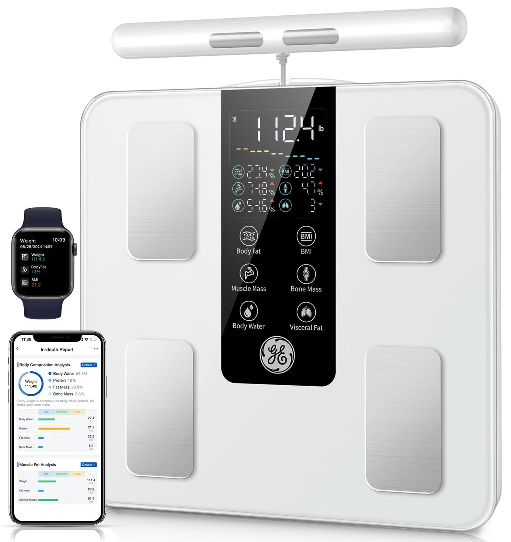 GE Smart Scale for Body Weight: 8-Electrode Digital Bathroom Scale for Weight Fat BMI Muscle Mass Full Body Composition Analyzer 50 Measurements Bluetooth Highly Accurate Weighing Machine 400lb White