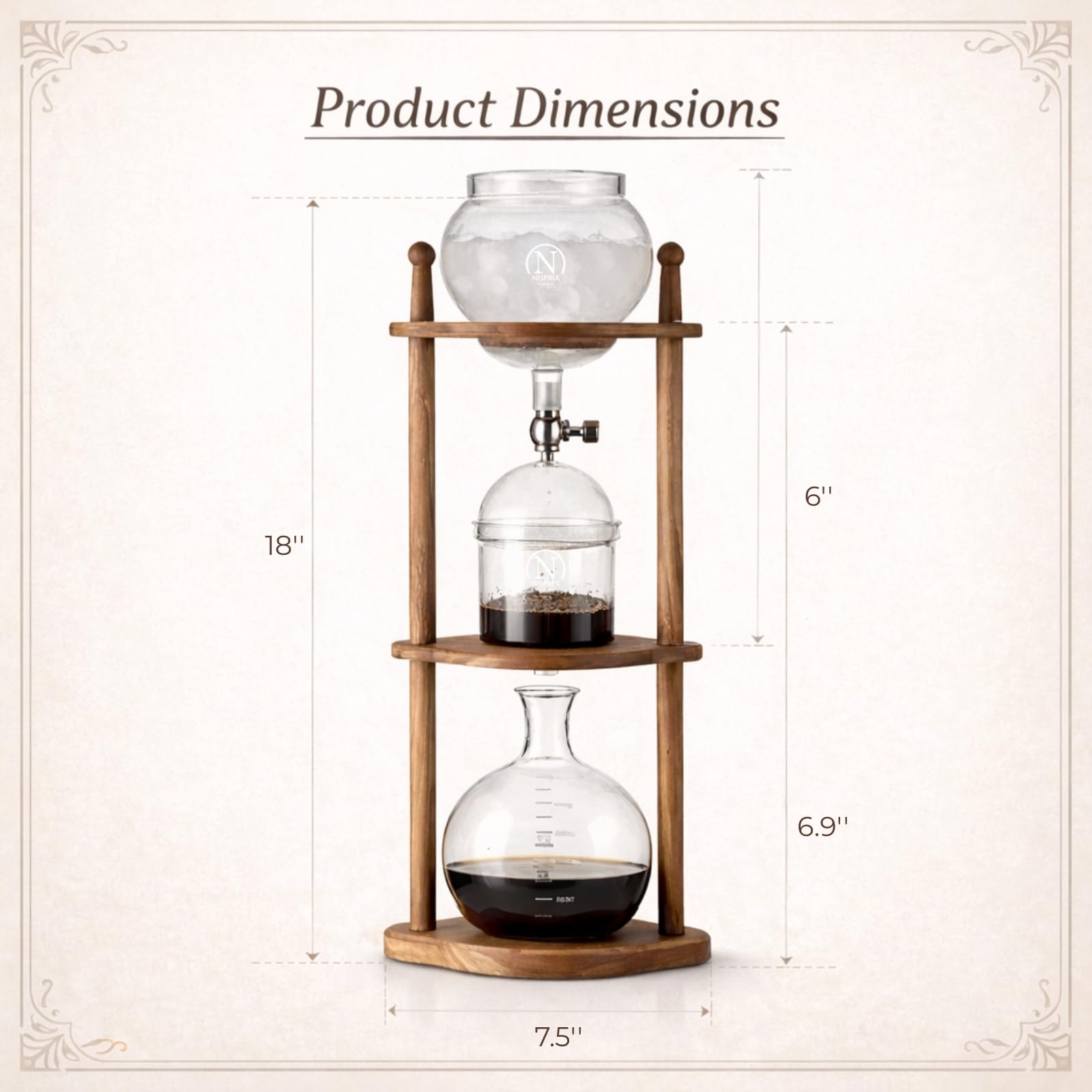 Nispira Cold Brew Drip Tower Iced Coffee Maker Glass Wooden Stand 25 Cups