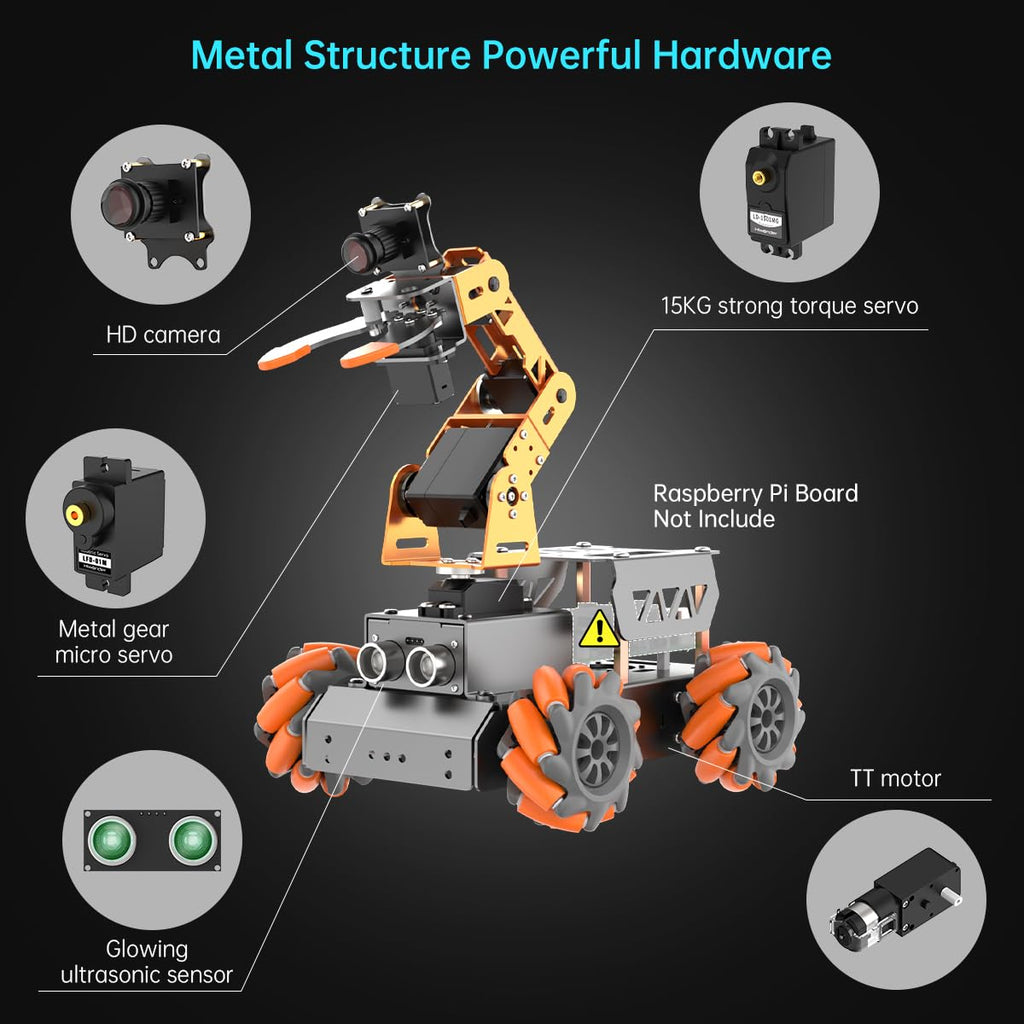 HIWONDER 5DOF AI Vision Robotic Arm Powered by Raspberry Pi Smart Robotic Arm Mecanum Wheel Chassis Robot Car Kit DIY Robot for Beginners, Without RPi