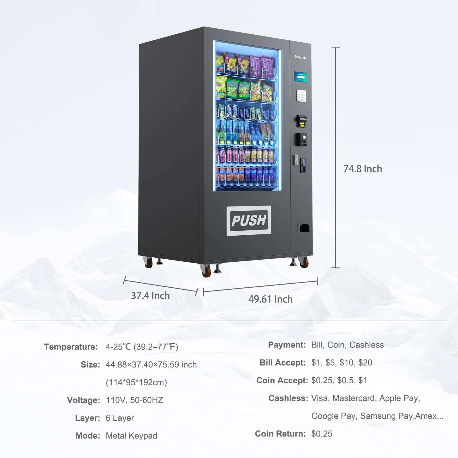 Refrigerated Beverage Vending Machine for Business, Large 60 Slots Snack Drink Combo Commercial Vending Machine Durable Cashless Vending Machine with Card Reader and Bill Coin Acceptor