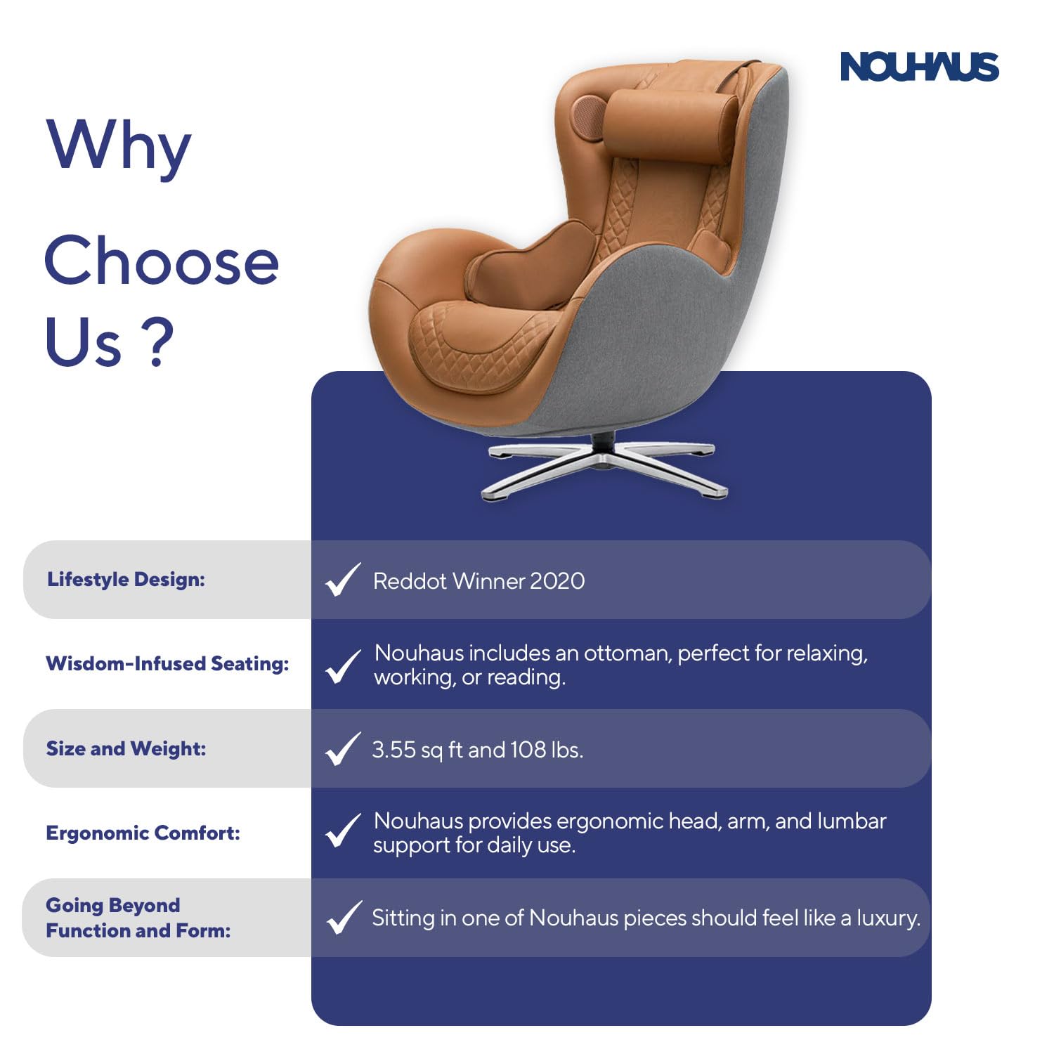 Nouhaus Classic Massage Chair with Ottoman – Caramel Leather Recliner with Percussive Shiatsu Massager, Built-in Speaker & Full Body Spot Massage – Ultimate Comfort for Home & Office