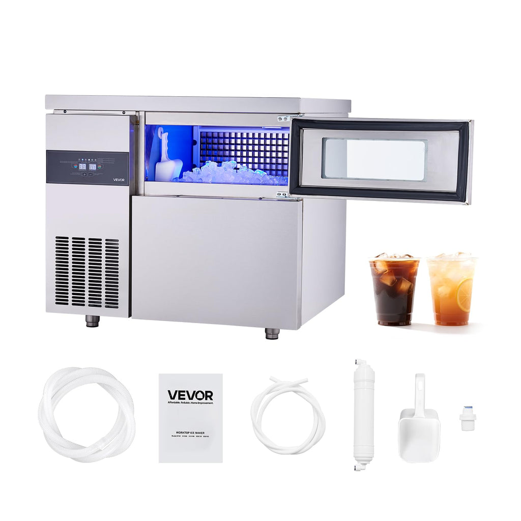VEVOR Commercial Ice Maker Machine, 330 lbs/24H Stainless Steel Ice Machine with Worktop, 88 lbs Storage & 144 Cubes/Cycle, Self-Cleaning Freestanding Ice-Making for Home Bar Office Restaurant Kitchen