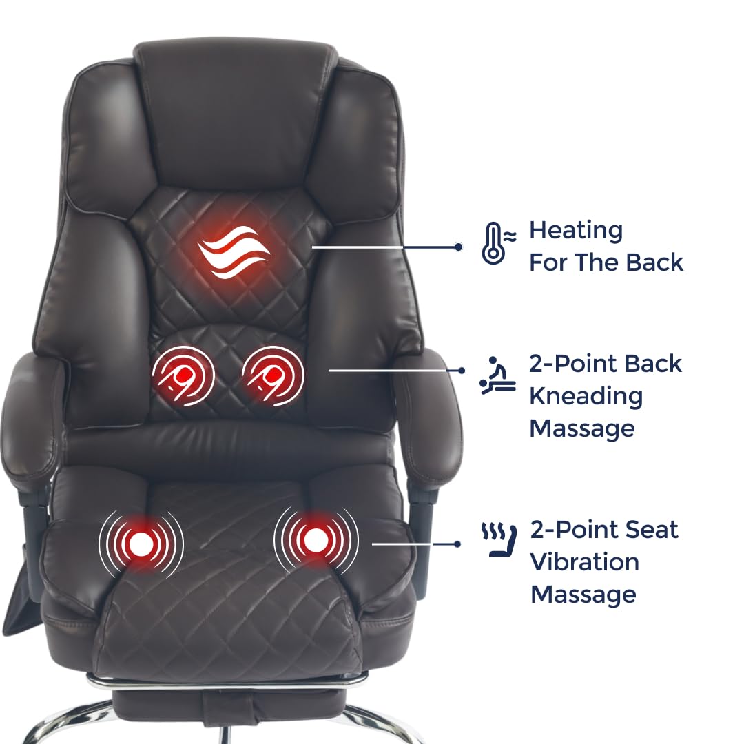 Ergonix Massage Office Chair with 2-Point Kneading & Heat | Reclining Ergonomic Executive Desk Chair | Adjustable Height Footrest Lumbar Support | 500 lbs Capacity | Dark Brown Leather