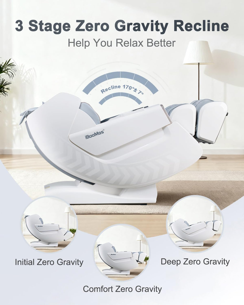 iBooMas Massage Chair Full Body, Body Scan Zero Gravity Massage Chair Recliner with 54in SL-Track, Ajustable 18 Modes, Auto Extending Footrest, Foot Massage, App, AI Voice, Airbags, Heat(White+Grey)