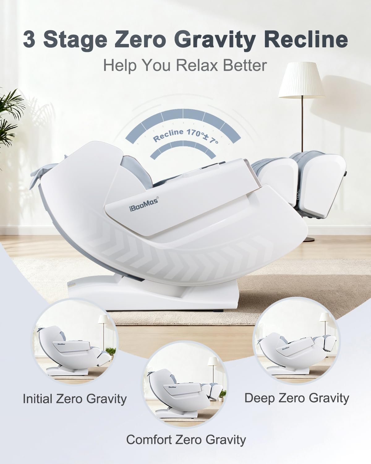 iBooMas Massage Chair Full Body, Body Scan Zero Gravity Massage Chair Recliner with 54in SL-Track, Ajustable 18 Modes, Auto Extending Footrest, Foot Massage, App, AI Voice, Airbags, Heat(White+Grey)