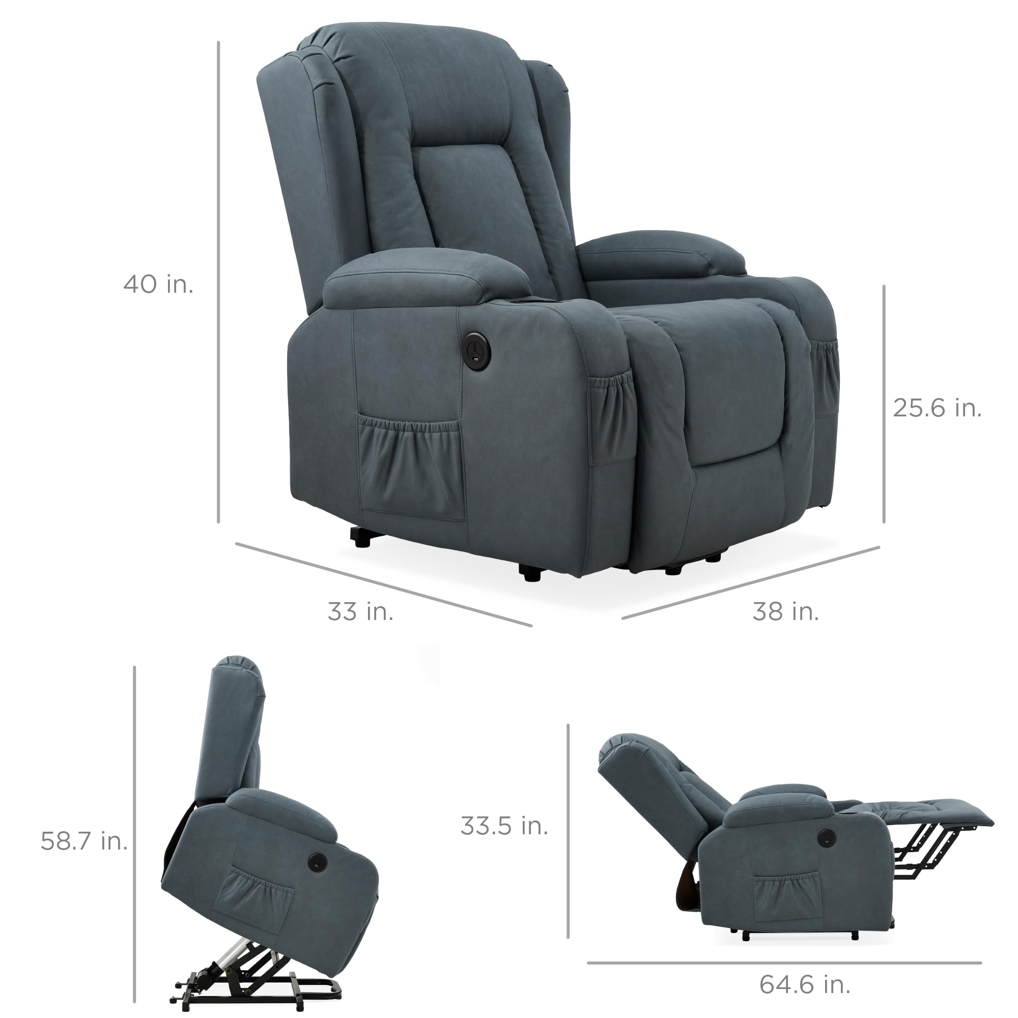 Best Choice Products PU Leather Electric Power Lift Chair, Recliner Massage Chair, Adjustable Furniture for Back, Legs w/ 3 Positions, USB Port, Heat, Cupholders, Easy-to-Reach Side Button - Olive