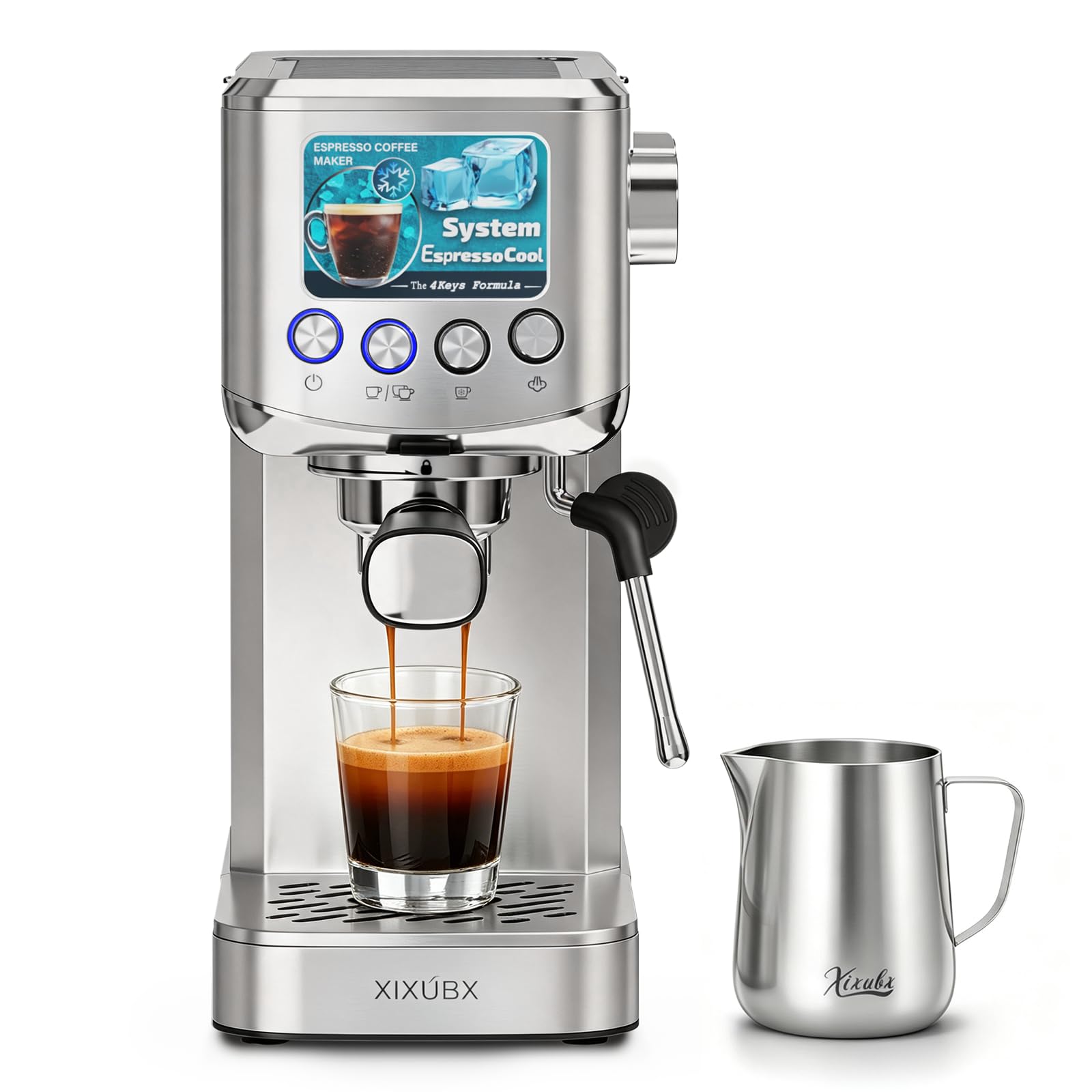 XIXUBX 20 Bar Espresso & Cold Brew Coffee Maker with Milk Frother, 42oz Removable Tank, Stainless Steel, Perfect for Cappuccino, Latte, Home & Office, Silver