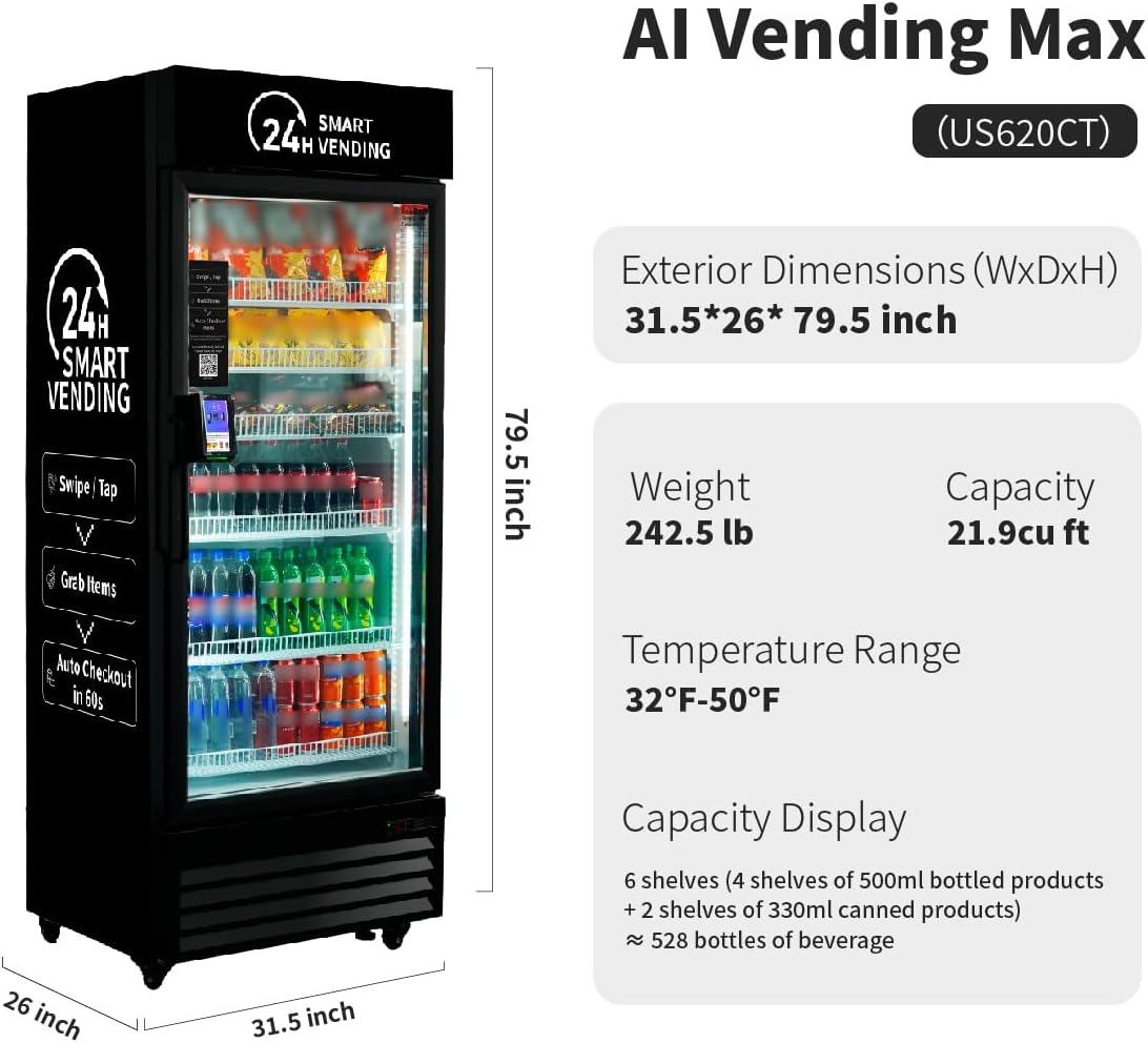 HAHA Smart AI Vending Machine for Business, Multi-Item Combo Vending with APP Management & Cashless Payment, Refrigerated Beverage US620-528 Bottles