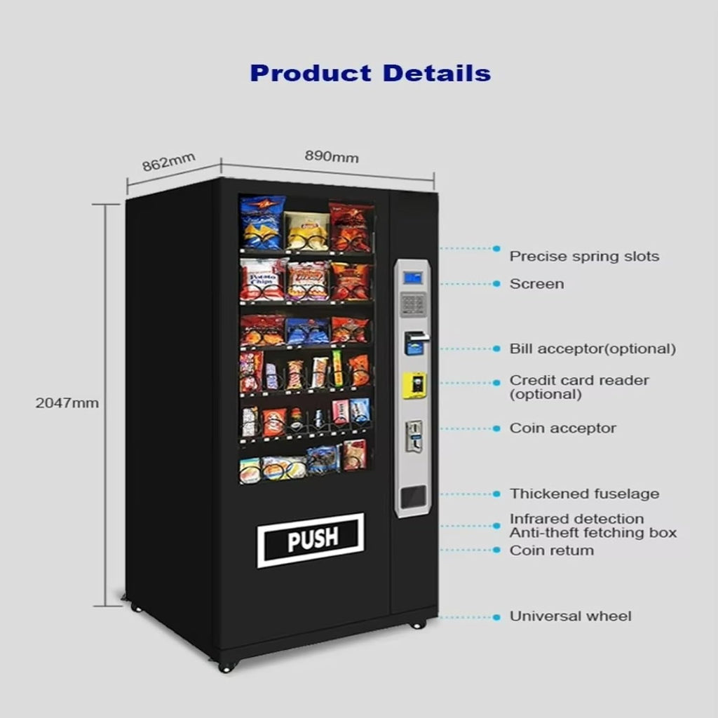Automated vending machine for snacks, beverages, coffee, and soda; refrigerated vending machine with touch card reader, accepts banknotes/coins, adjustable coin slot; suitable for offices and schools.