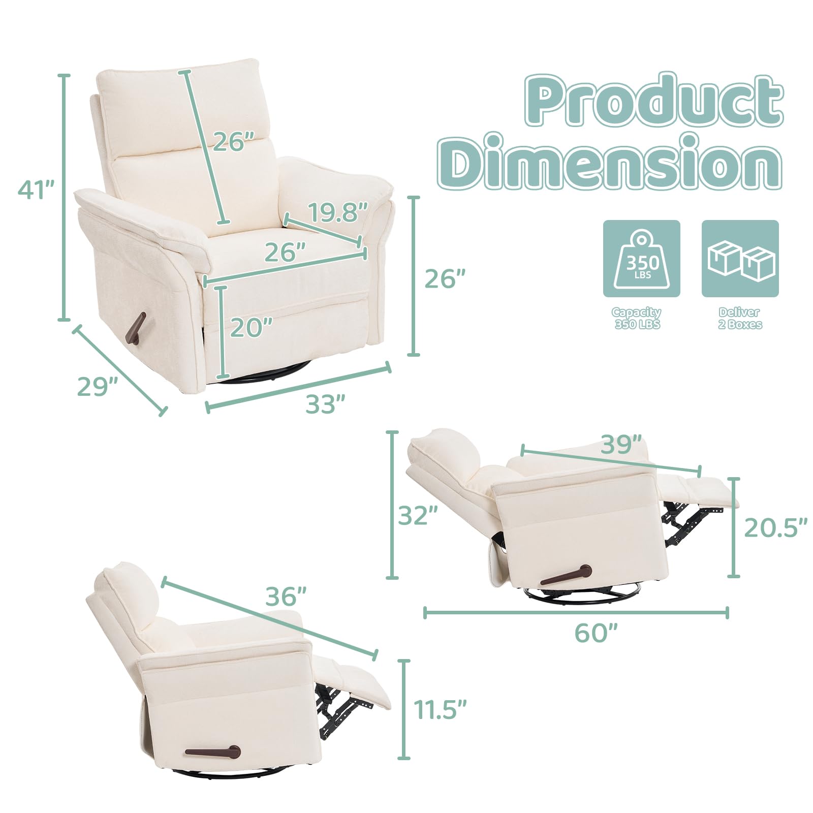 Oversized Rocking Chair Nursery with Massage and Heat, Glider Recliner Nursery Chair with Adjustable Headrest, Power Swivel Rocker Recliner Chair with USB Port, Dark Grey