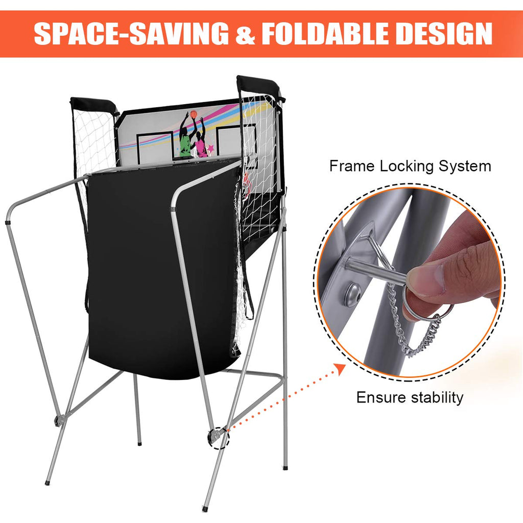 GYMAX Arcade Basketball Game Indoor Foldable with 8 Game Modes, Arcade Sound, 4 Balls and Inflation Pump, Electronic Basketball Games for Home