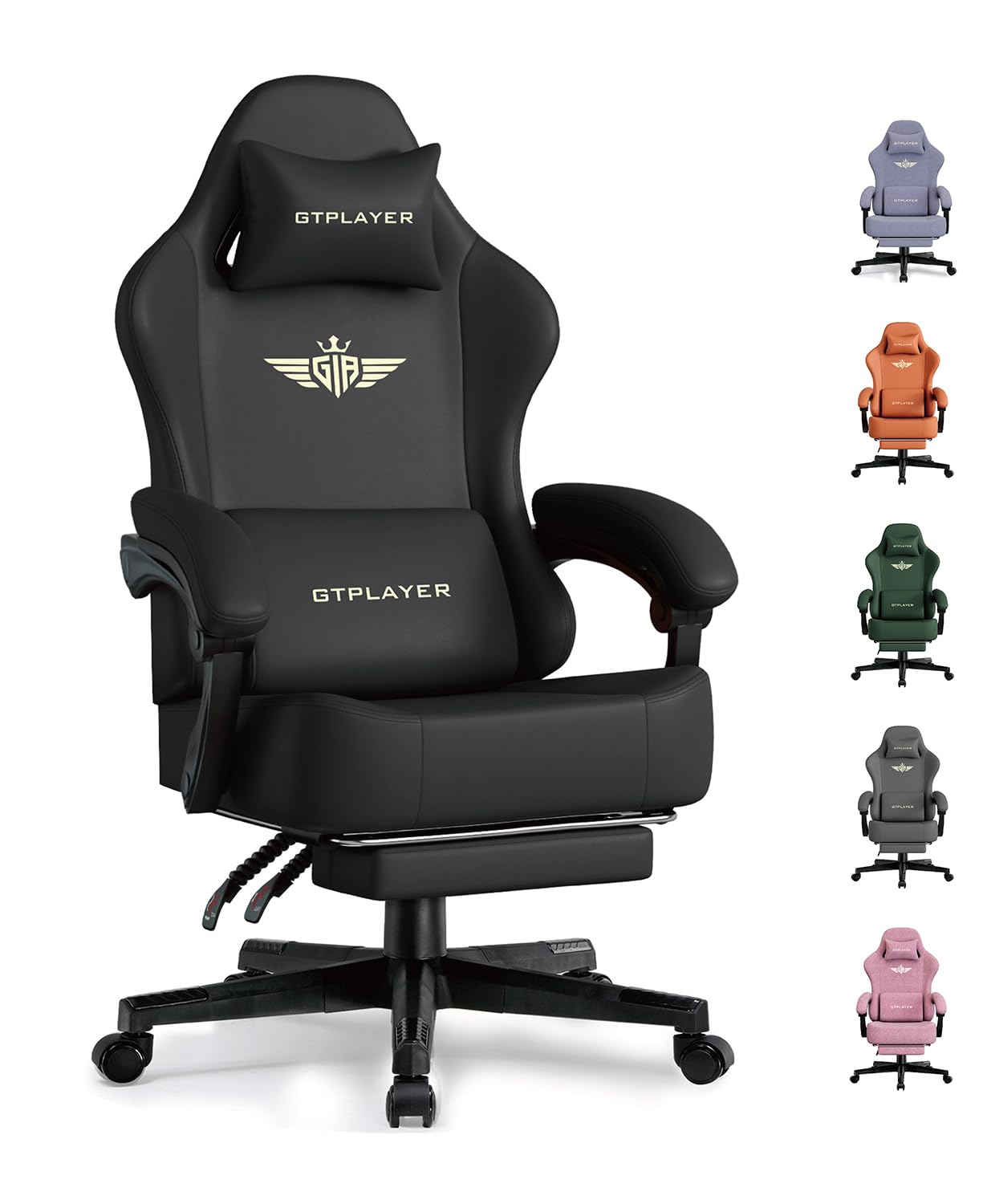 GTPLAYER Gaming Chair with Pocket Spring Cushion, Big and Tall Gamings Chairs 350LBS High Back Computer Chair with Footrest for Adults Lumbar Support Swivel Game Chair for Office,Leather Black-Massage