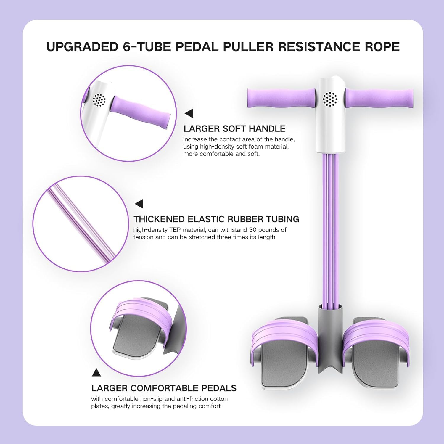 Smart Foot Pedal Puller with Digital Counter and Handles, 6-Tube Resistance Band for Yoga, Full Body Stretching, Home Workout-Purple