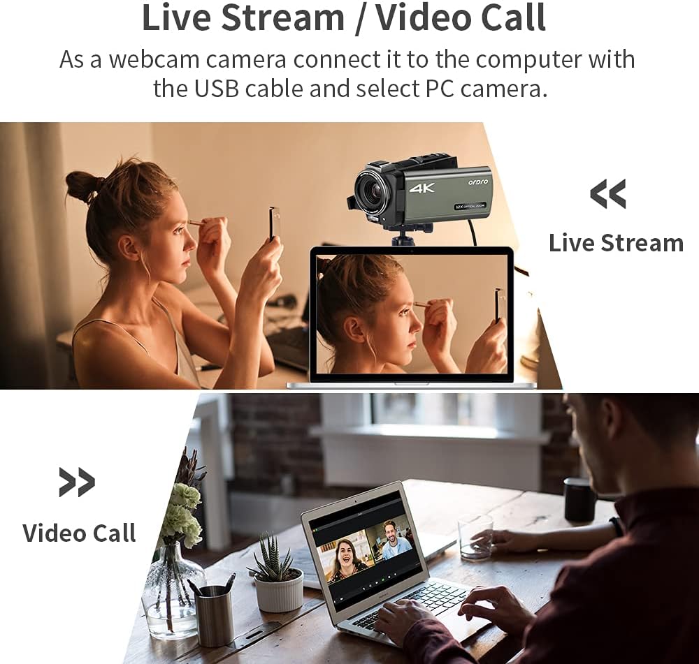 ORDRO 4K Camcorder UHD Video Camera Digital 1080P with 12x Optical Zoom Live Streaming Camera Recorder Bundle