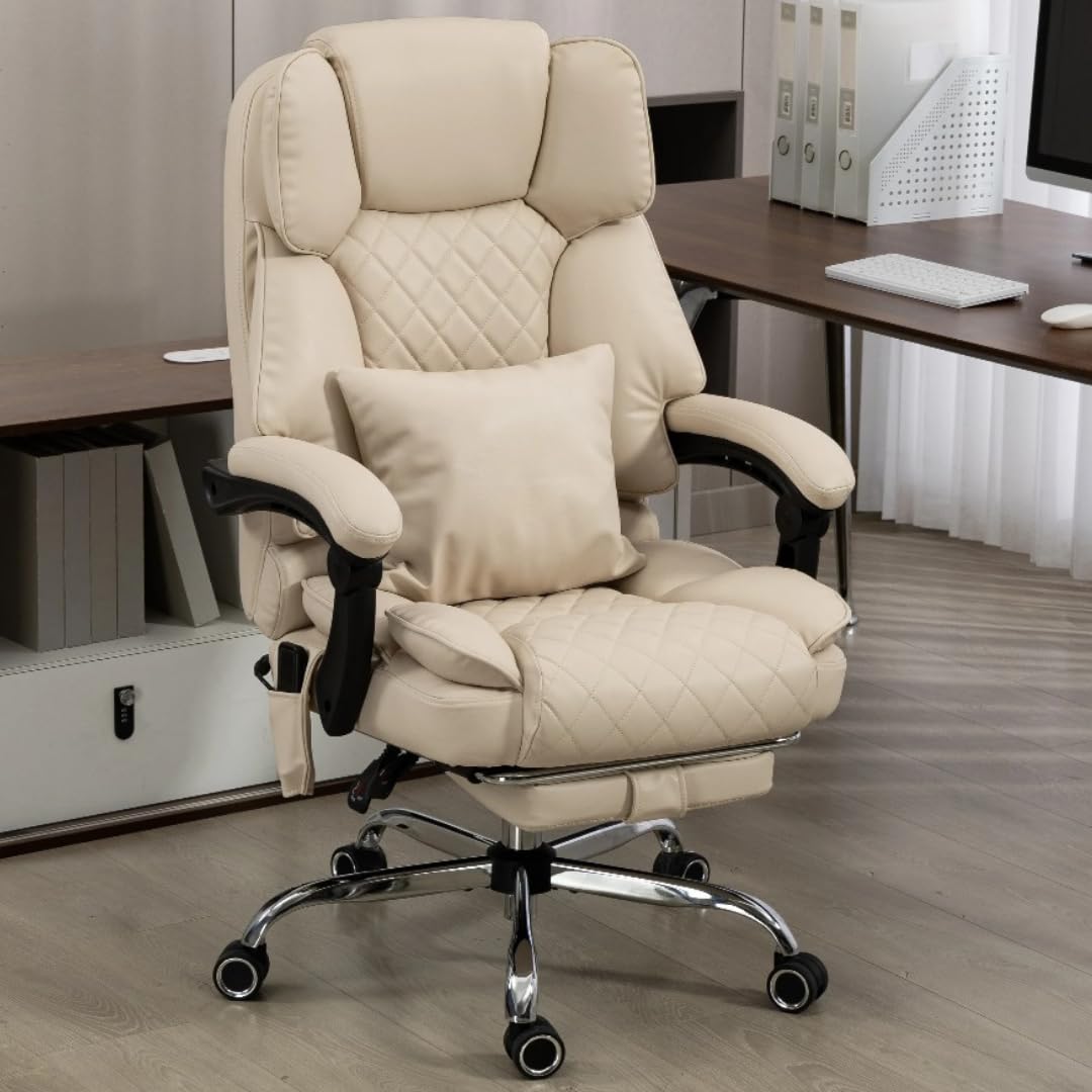 Ergonix Massage Office Chair with 2-Point Kneading & Heat | Reclining Ergonomic Executive Desk Chair | Adjustable Height Footrest Lumbar Support | 500 lbs Capacity | Dark Brown Leather