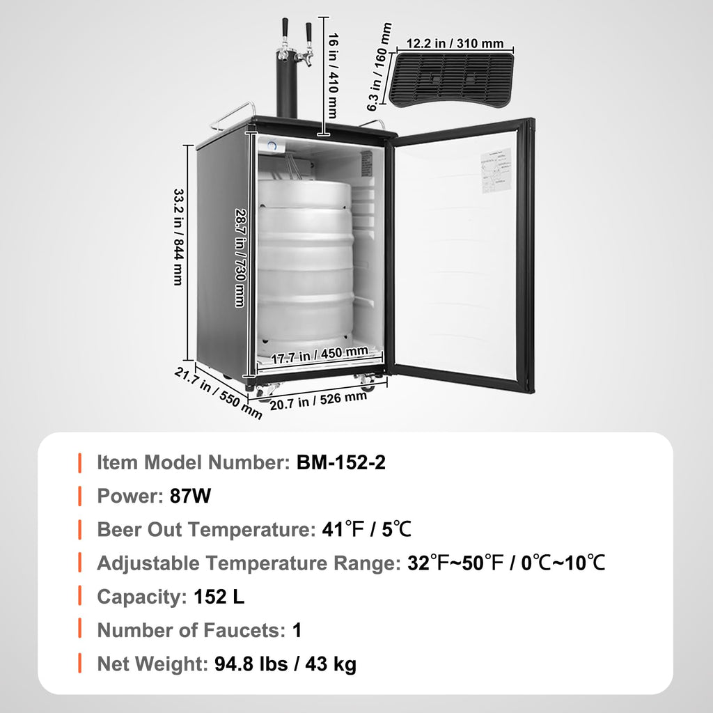 VEVOR Beer Kegerator, Dual Tap Commercial Draft Beer Dispenser for D system, Full Size Keg Refrigerator with 5lbs CO2 Tank, Hold 2 Sixth / 2 Ball lock keg, Black