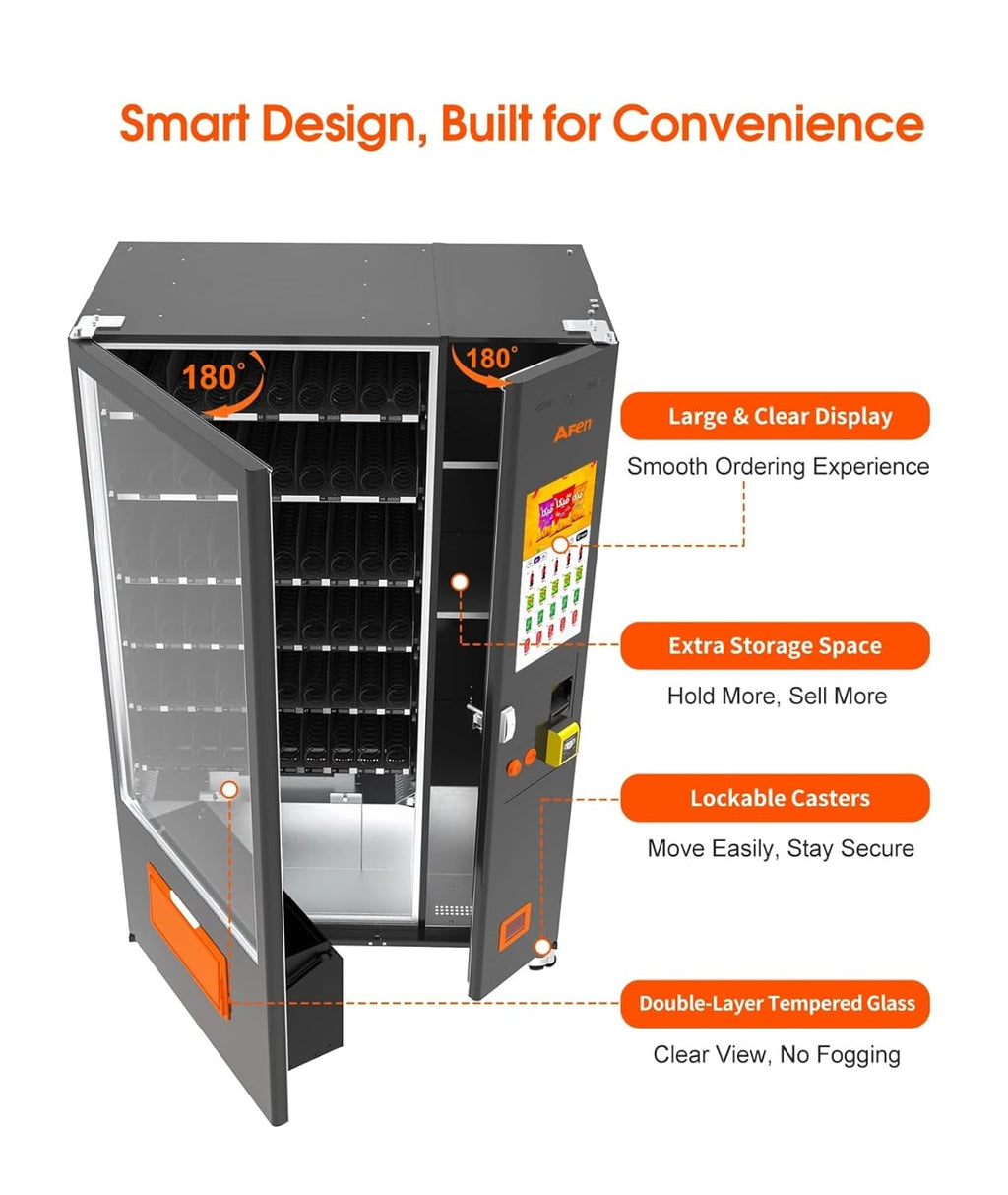 AFEN 60 Slots Vending Machine with Card Reader Commercial Snack & Drink Combo Vending Machine for Business Refrigerated, Mobile Remote Control, with 21.5" Touch Screen, Cashless Payment