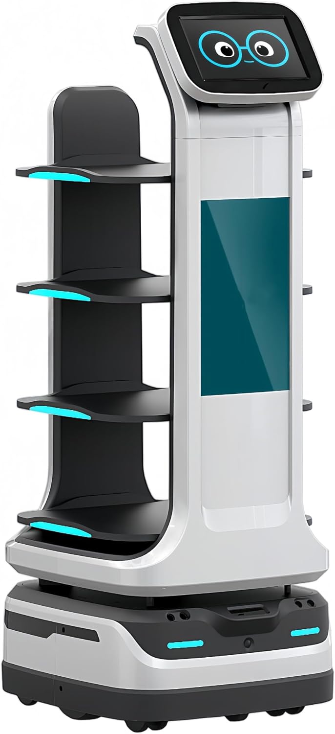 Restaurant Service Robot–Interactive Smart Waiter for Food & Drink Delivery, Autonomous Indoor Navigation, Automatic Obstacle Avoidance, Elevator Control, Self-Charging, Large Tray