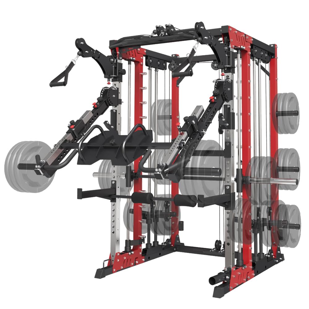 Commercial Smith Machine with Smith Bar, 4000LBS Power Cage Squat Rack with Lever Arm, Leg Press, LAT Pull Down System, Multi-Function Linear Bearing Cable Crossover Machine for Home Gym