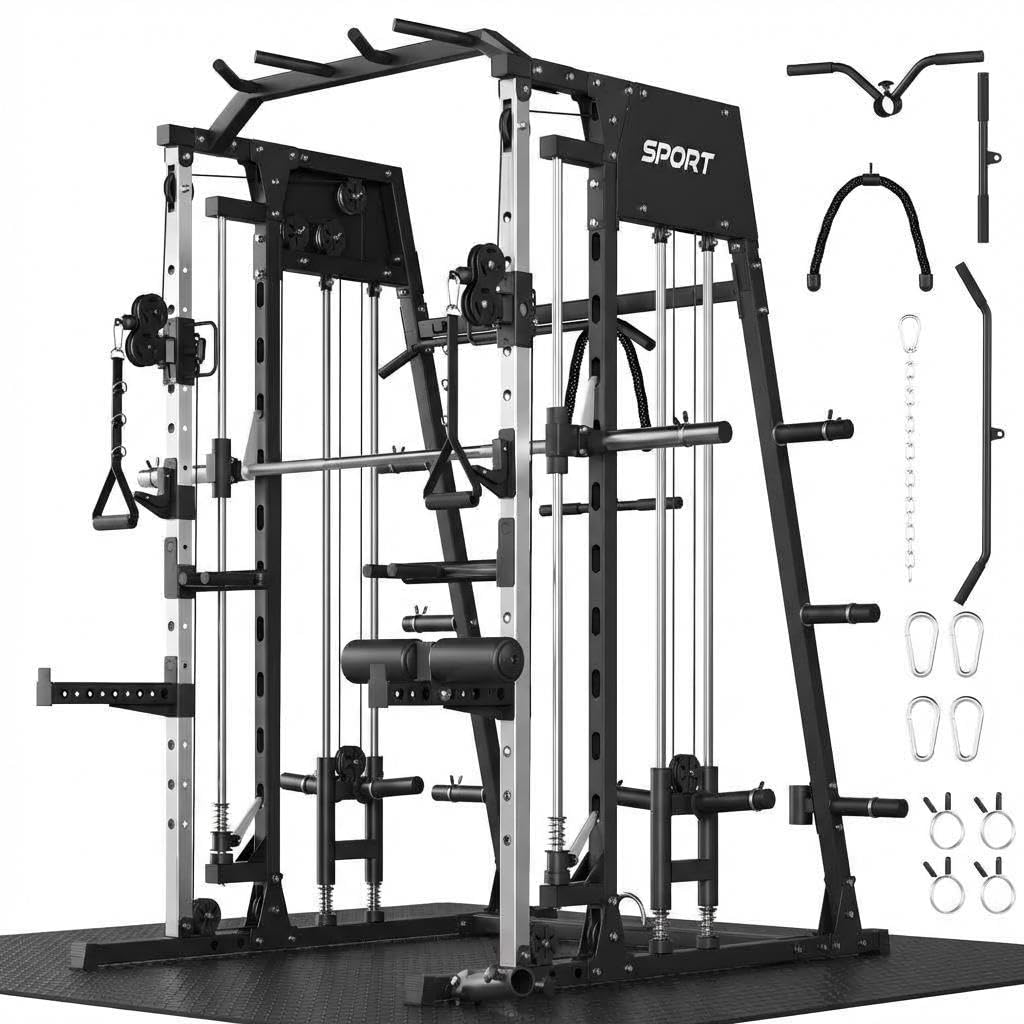 Smith Machine Home Gym, 2200LB Power Cage with Dual Pulley Cable Systems, LAT Pull-Down, Leg Hold-Down & 20+ Attachments for Full Body Workouts