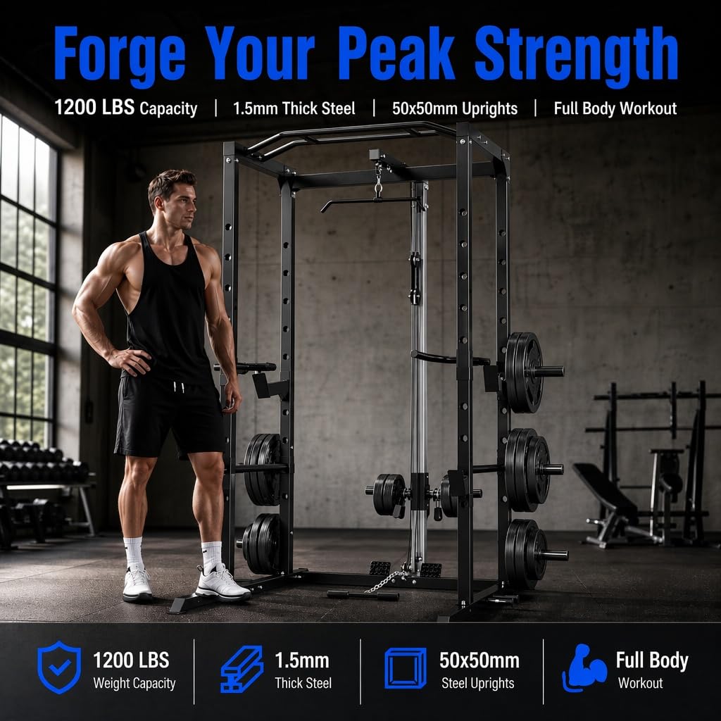 KOPUS Power Rack with Pulley System – Multi-Functional Power Cage Squat Rack, LAT Pull Down, J Hooks & Safety Bars – 1200 lbs Home Gym Equipment – 5 Configurations